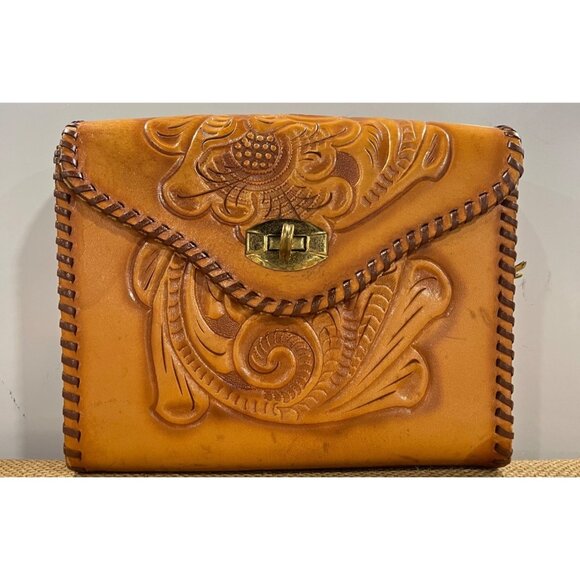 Vintage Handcrafted Carved Leather Tooled  Clutch With  Intricate Design Read - Picture 1 of 4
